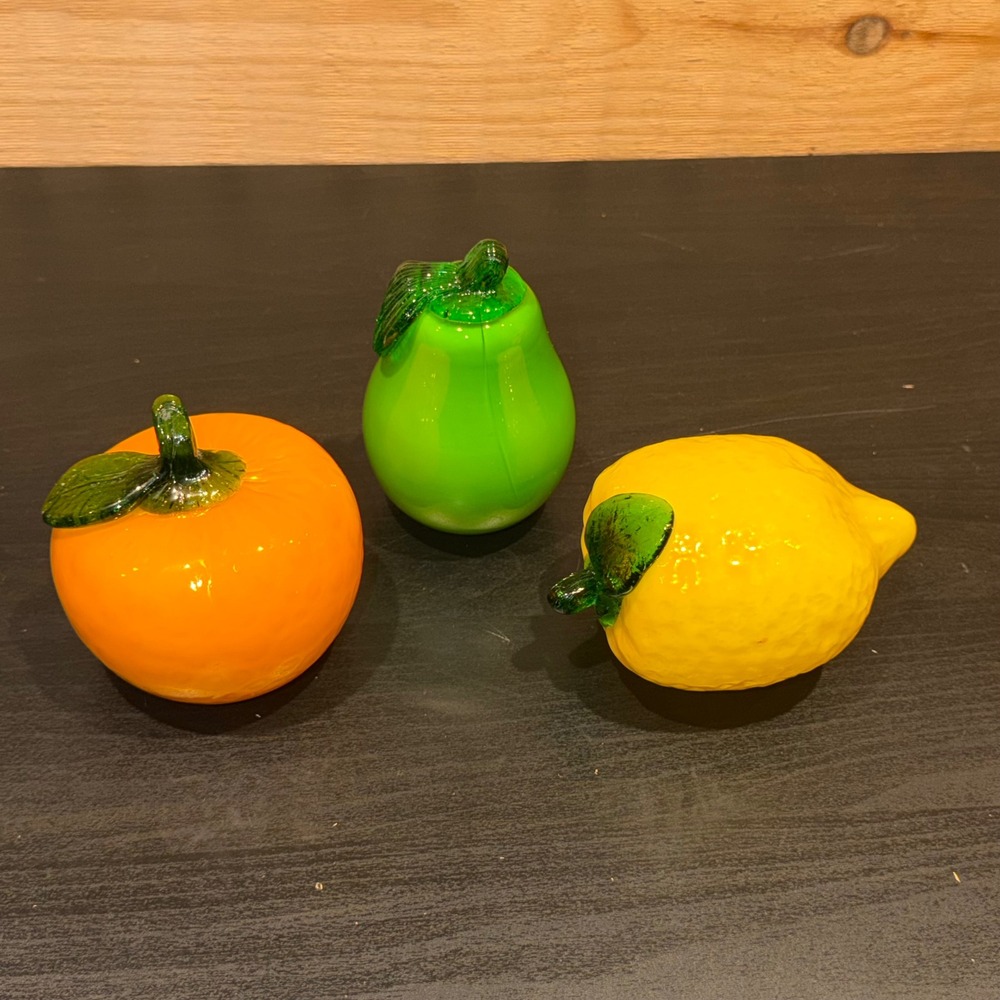 Hand Blown Glass Fruit Paperweight Set Orange Lemon Pear Decor 3 Piece Vintage